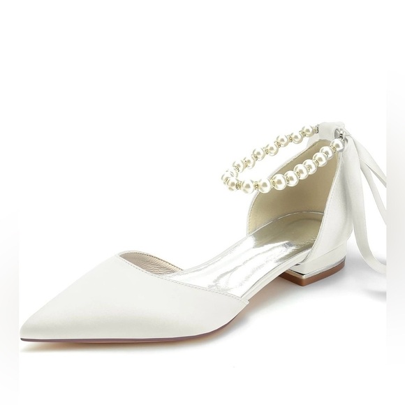 Shoes - White Satin Pearl Ankle Strap Flats Women’s Size 9 NWT